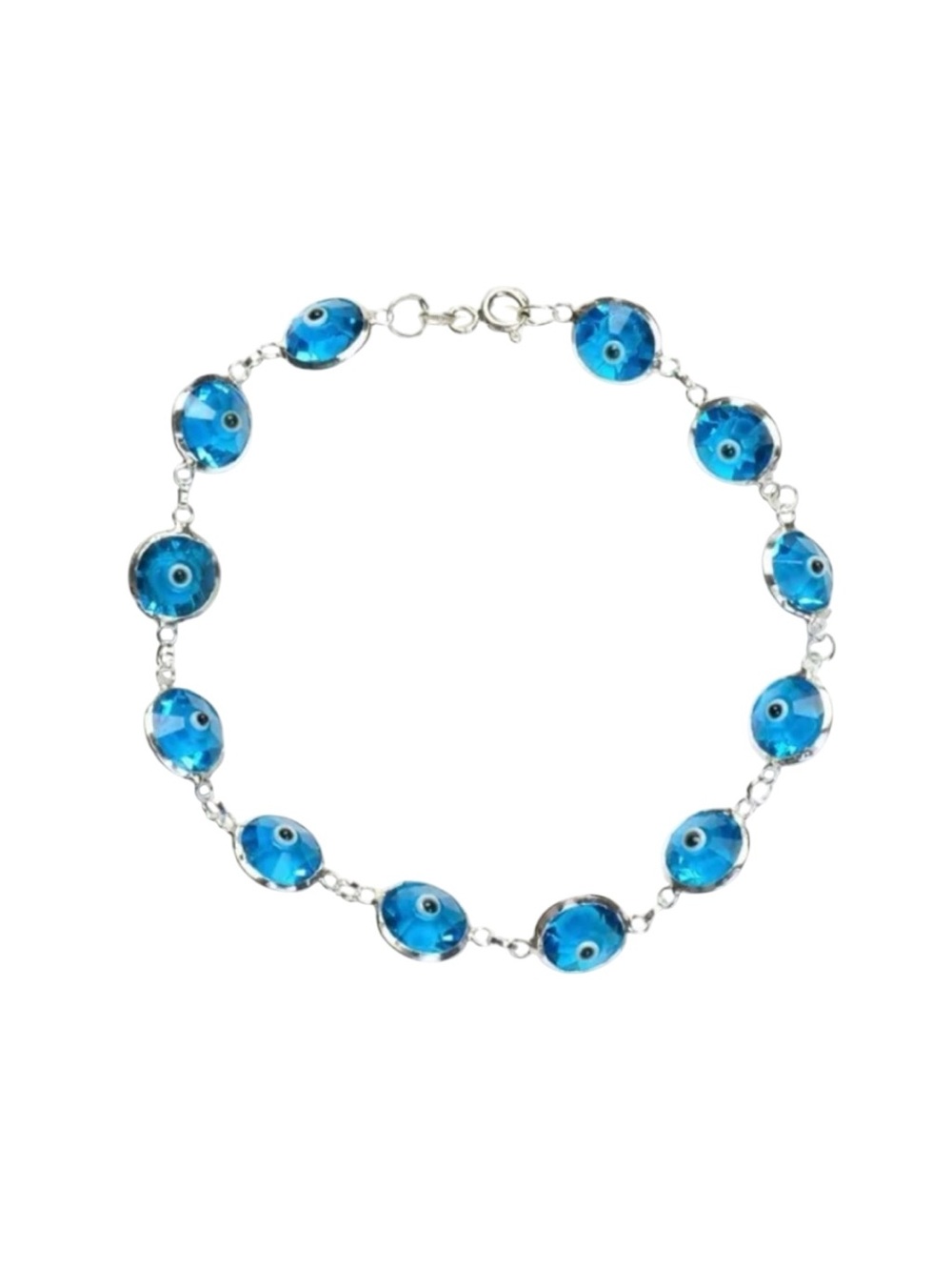 Sterling Silver Light Blue Crystal Evil Eye Bracelet 7" New in Bag
